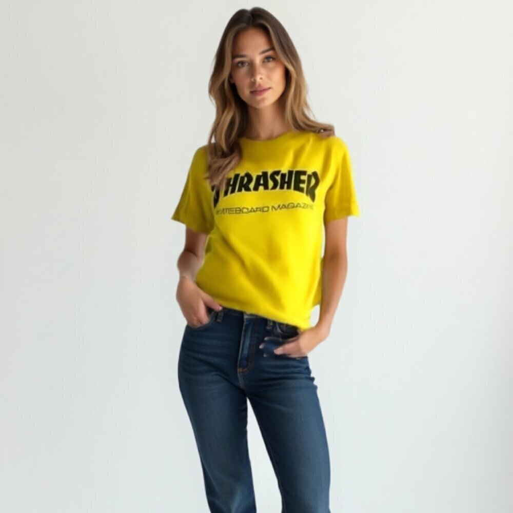 💕 Thrasher Magazine Skate Mag T-Shirt Yellow Black Logo Men’s Small